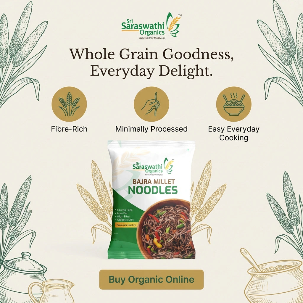 Sri Saraswathi Organics Bajra Millet Noodles packaging with branding and product details on a light background.