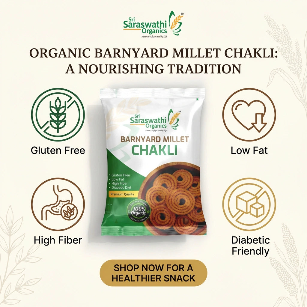 Saraswathi Organics Barnyard Millet Chakli packaging with health benefits and a call to action.