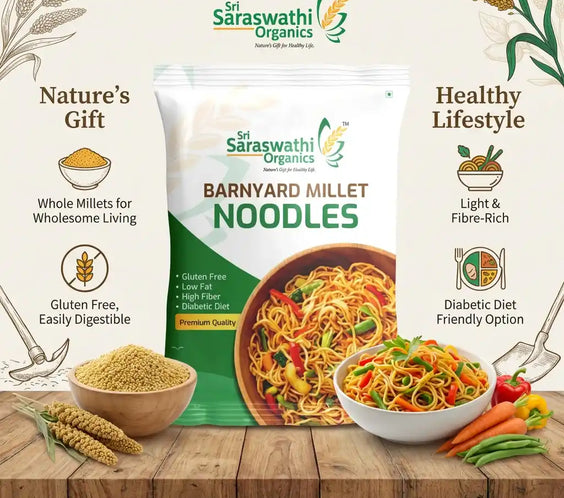 Sri Saraswathi Organics Barnyard Millet Noodles packaging with noodles, vegetables, and branding elements on a wooden surface.