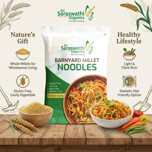 Sri Saraswathi Organics Barnyard Millet Noodles packaging with noodles, vegetables, and branding elements on a wooden surface.