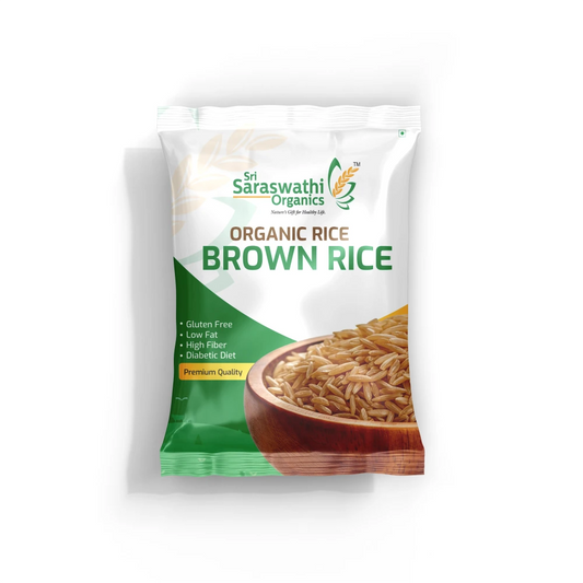 Sri Saraswathi Organics Organic Brown Rice packaging on a white background