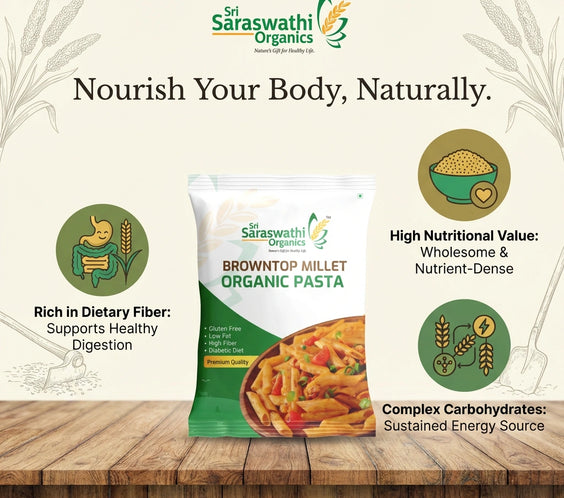 Sri Saraswathi Organics brown top millet organic pasta package on a wooden surface with branding and product information.