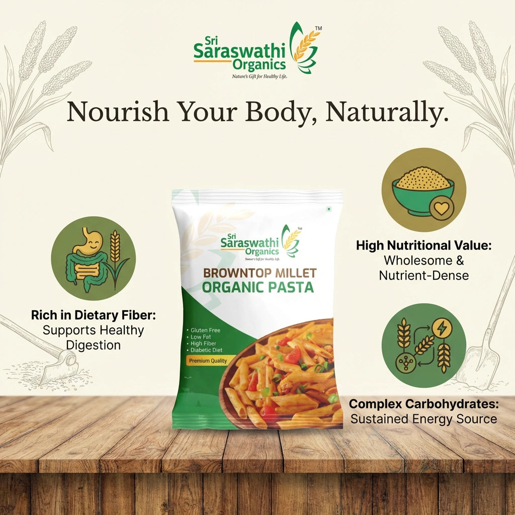 Sri Saraswathi Organics brown top millet organic pasta package on a wooden surface with branding and product information.