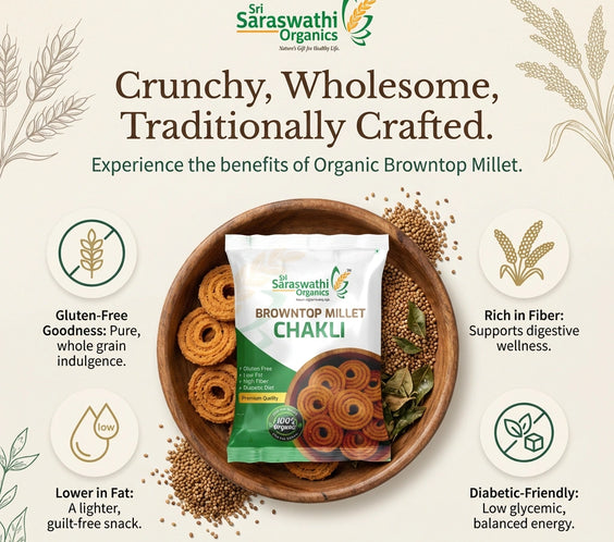 Sri Saraswathi Organics browntop millet chakli with product details on a light background