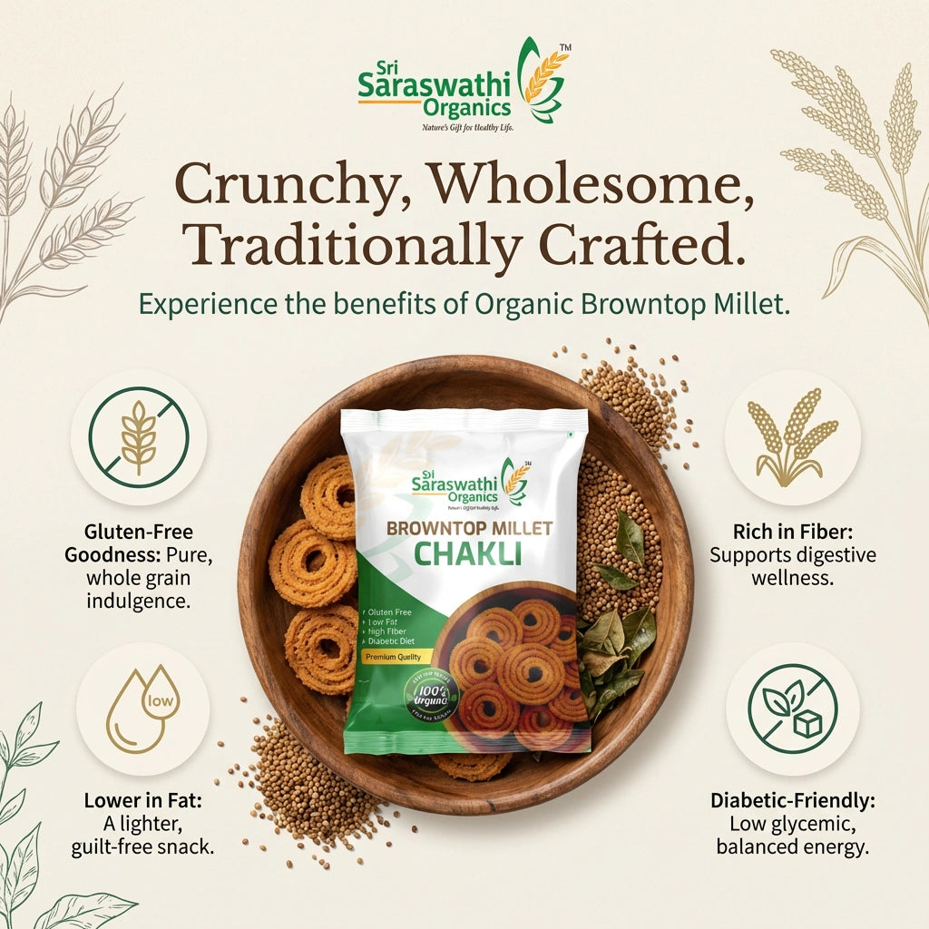 Sri Saraswathi Organics browntop millet chakli with product details on a light background