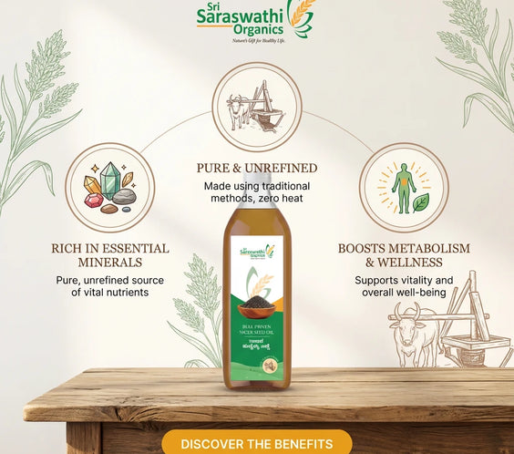 Sri Saraswathi Organics product on a wooden table with branding and text about benefits.