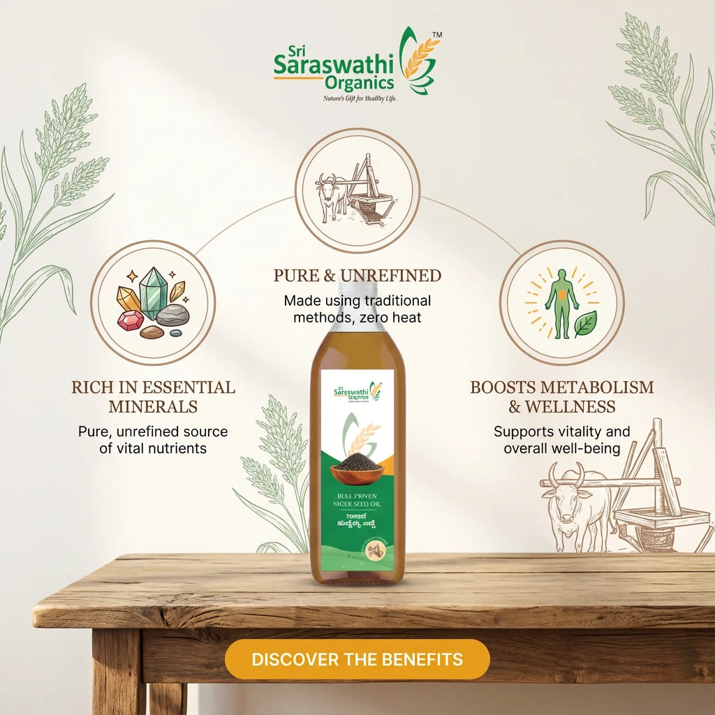 Sri Saraswathi Organics product on a wooden table with branding and text about benefits.