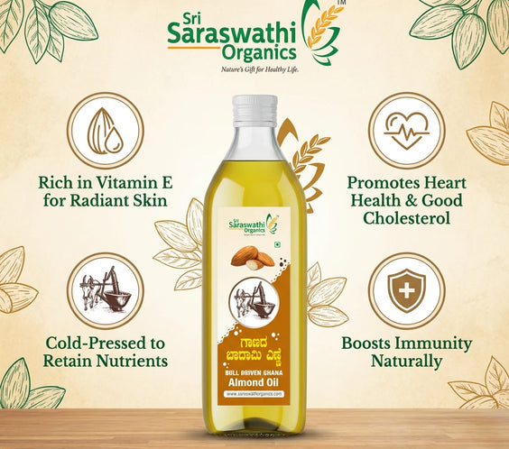 Sri Saraswathi Organics almond oil bottle with health benefits on a wooden surface