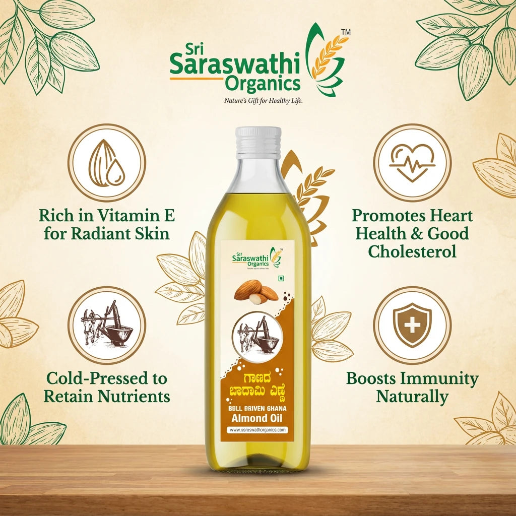 Sri Saraswathi Organics almond oil bottle with health benefits on a wooden surface