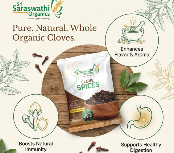 Sri Saraswathi Organics clove spices packaging with health benefits on a wooden board.