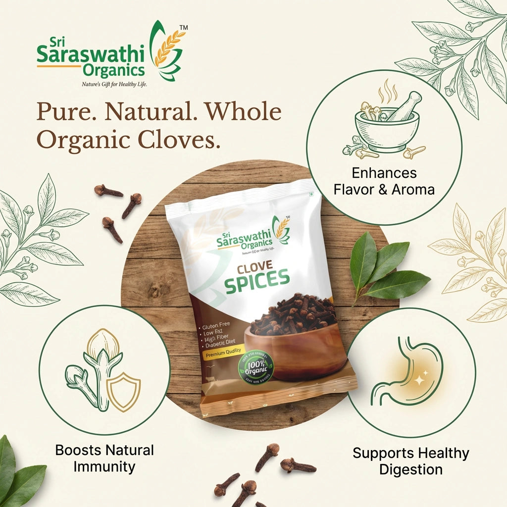 Sri Saraswathi Organics clove spices packaging with health benefits on a wooden board.