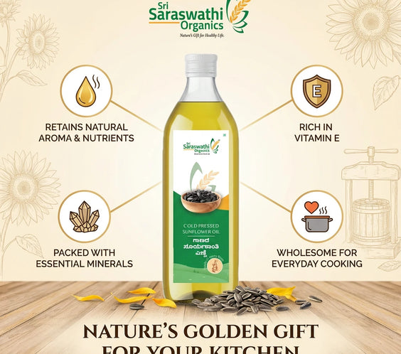 Sri Saraswathi Organics sunflower oil bottle with product features on a wooden surface.