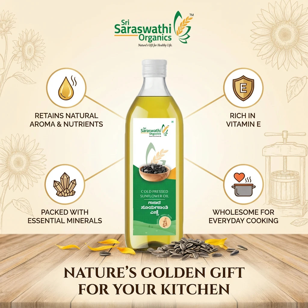 Sri Saraswathi Organics sunflower oil bottle with product features on a wooden surface.