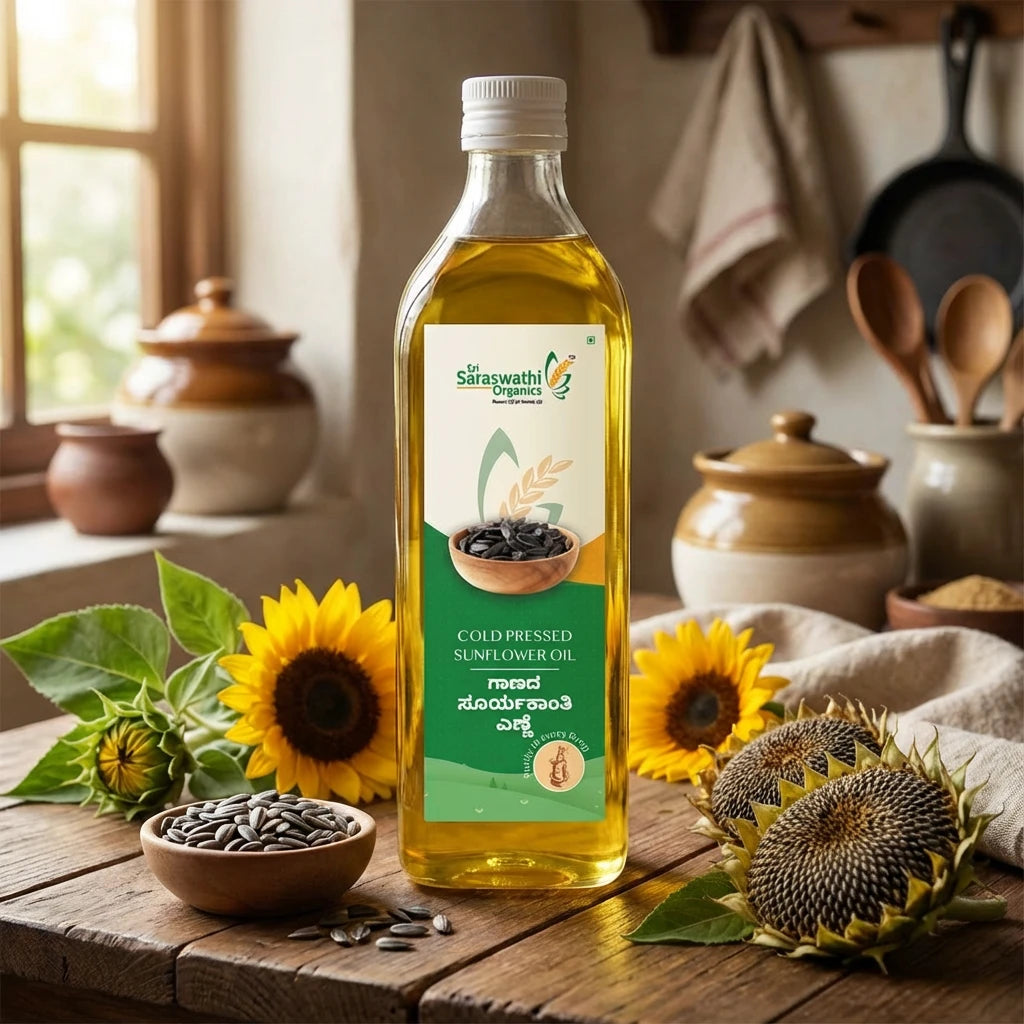 Bottle of Saraswathi Organics sunflower oil on a wooden table with sunflowers and seeds.