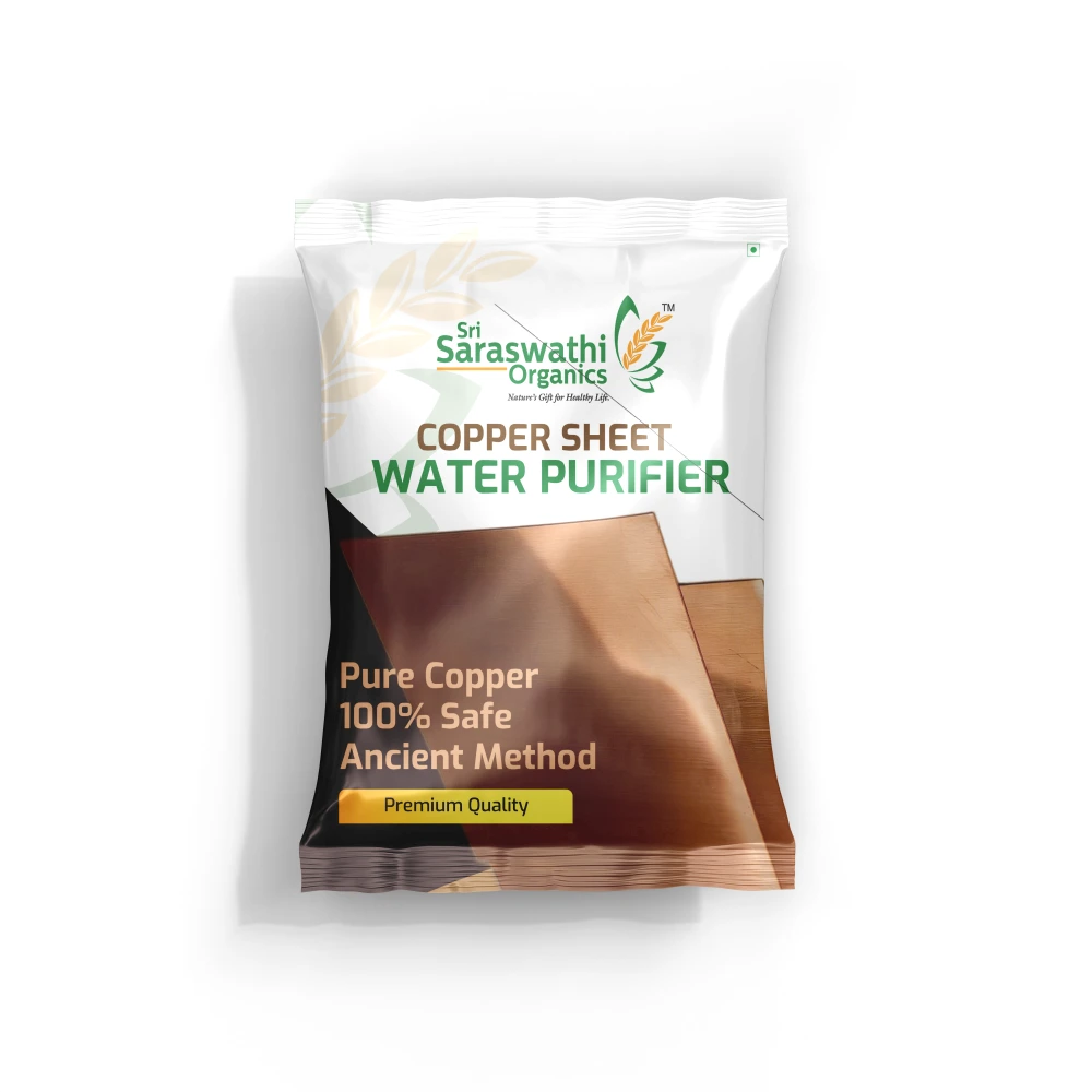 Sri Saraswathi Organics Copper Sheet Water Purifier packaging on a white background