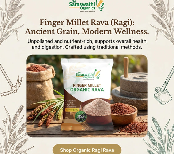 Advertisement for Sri Saraswathi Organics Finger Millet Rava with packaging and ingredients on a neutral background.