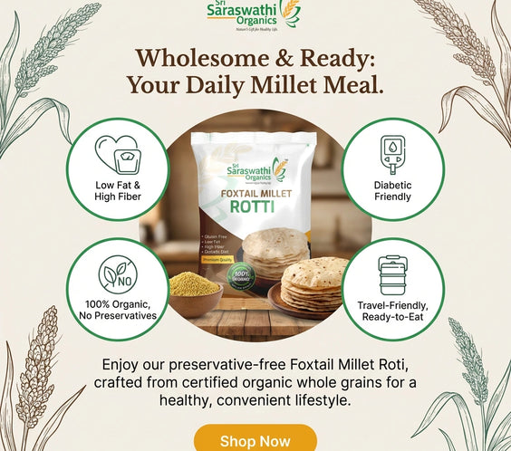 Advertisement for Sita Saswathi Organics Foxtail Millet Rotti with product packaging and health benefits on a beige background.