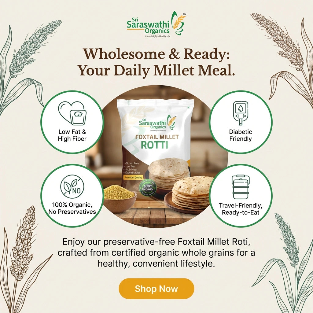 Advertisement for Sita Saswathi Organics Foxtail Millet Rotti with product packaging and health benefits on a beige background.