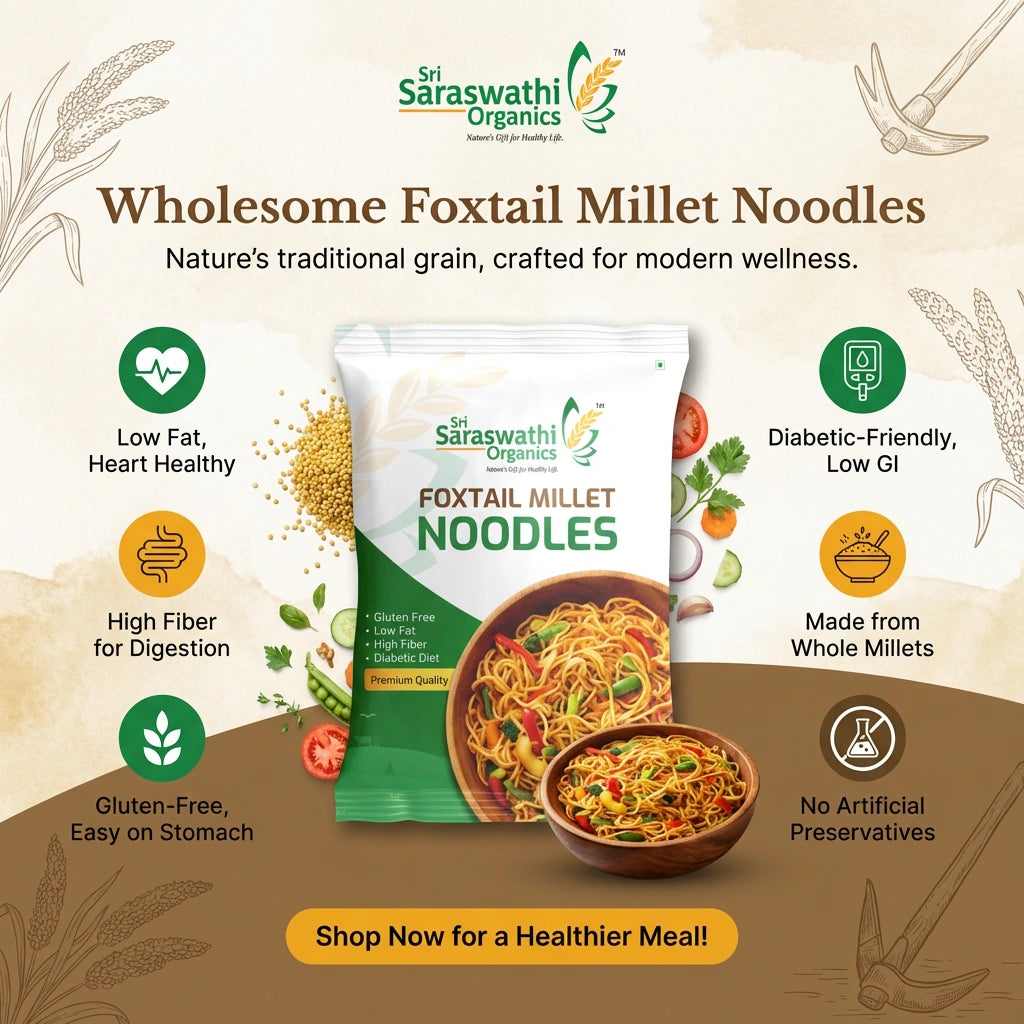 Saraswathi Organics Foxtail Millet Noodles packaging with product details on a beige background