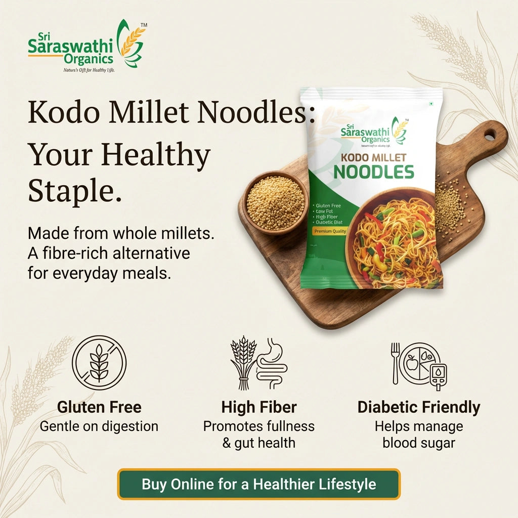 Saraswathi Organics Kodo Millet Noodles packaging with text highlighting benefits on a light background.