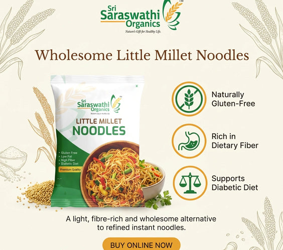 Sri Saraswathi Organics Little Millet Noodles packaging with product details on a light background