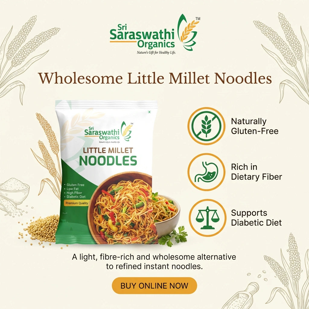 Sri Saraswathi Organics Little Millet Noodles packaging with product details on a light background