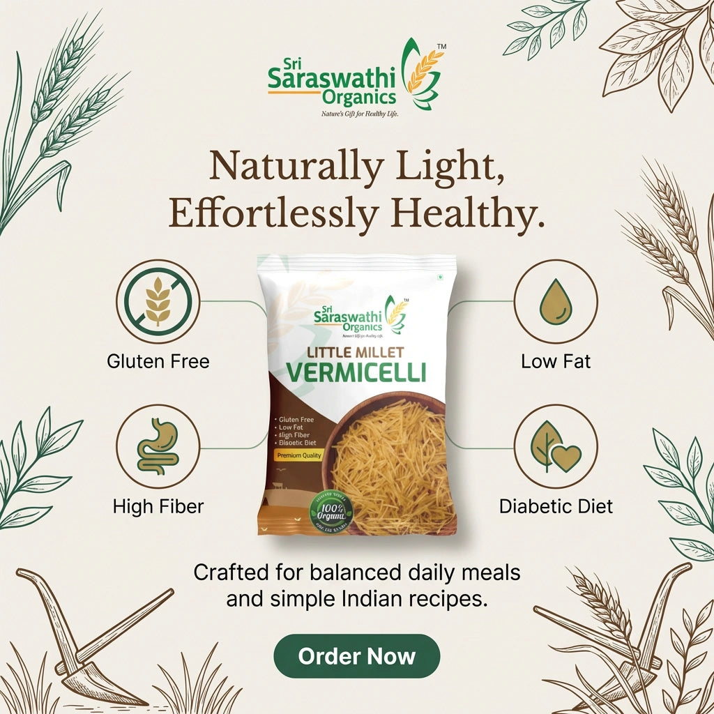 Sri Saraswathi Organics Little Millet Vermicelli package with health benefits on a nature-themed background