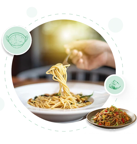 Person lifting noodles from a plate with a side dish on a white background