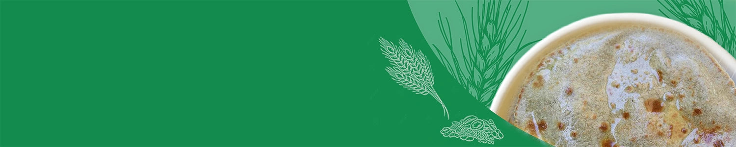 A plateful of millet roti with green leafy graphics on a green background