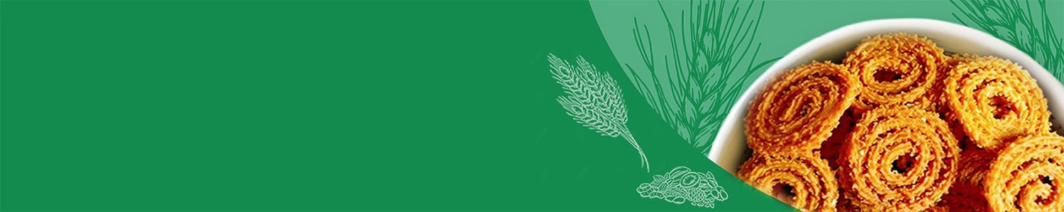 Bowl of round, golden-brown snacks on a green background with wheat stalks.