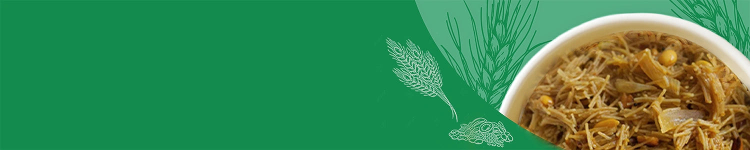 Bowl of Vermicelli with green background and wheat illustrations