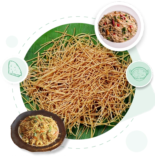 Dry vermicelli noodles on a green plate with side dishes on a white background