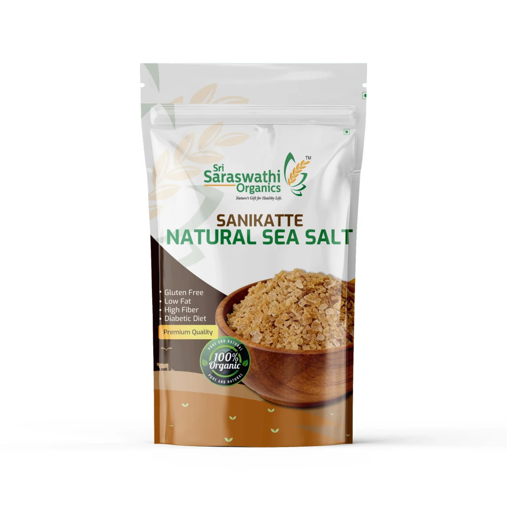 Sri Saraswathi Organics Sanikatte Natural Sea Salt packaging on a white background