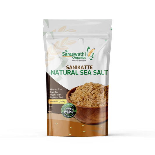 Sri Saraswathi Organics Sanikatte Natural Sea Salt packaging on a white background