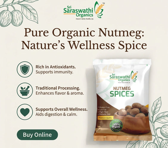 Sri Saraswathi Organics nutmeg spices packaging with product details on a light background