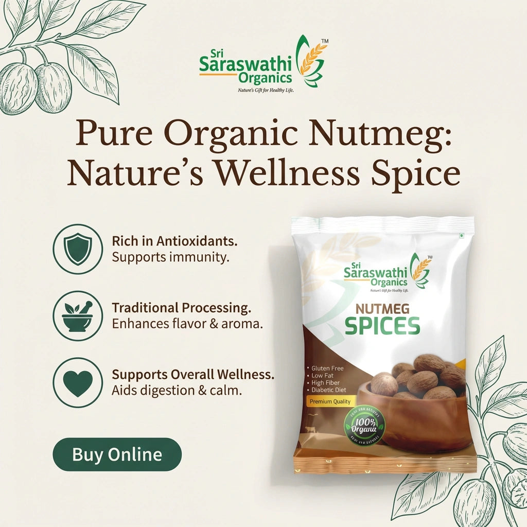 Sri Saraswathi Organics nutmeg spices packaging with product details on a light background