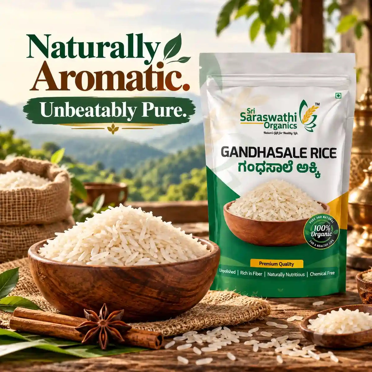 Orgnic Gandhasale Rice placed in a wooden bowl in the backdrop of Sri Saraswathi Organics Pouch 