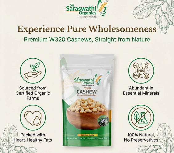 Saraswathi Organics cashew package with product details on a light background