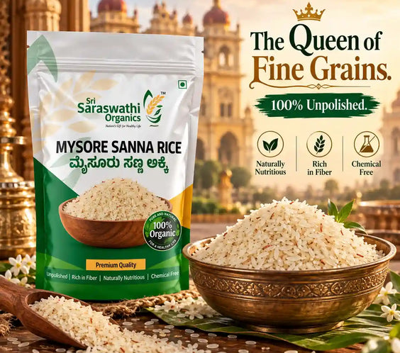 organic mysore sanna rice placed in a bowl in the background of Mysore Palace