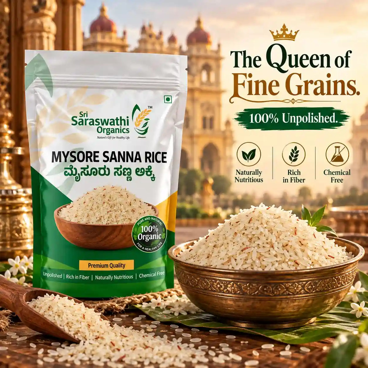 organic mysore sanna rice placed in a bowl in the background of Mysore Palace
