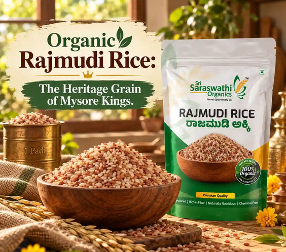 organic rajmudi rice placed inside a wooden bowl