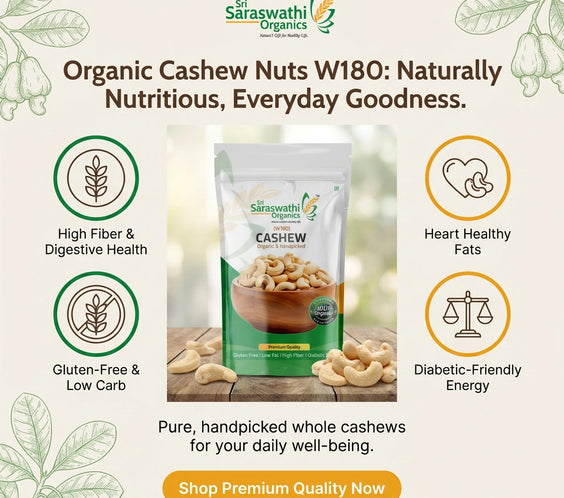 Saraswathi Organics cashew nut package with health benefits on a light background