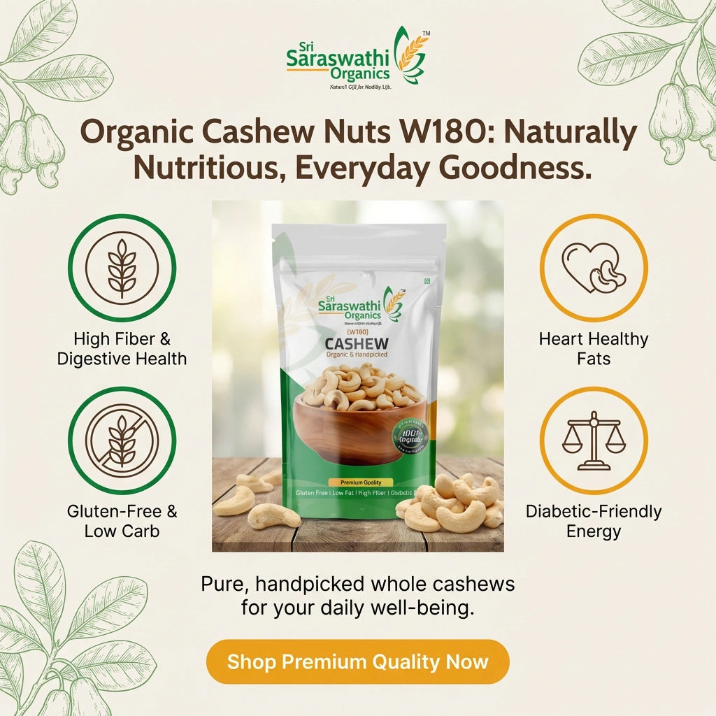 Saraswathi Organics cashew nut package with health benefits on a light background