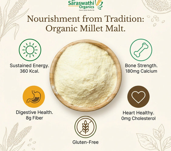 Saraswathi Organics Organic Millet Malt with health benefits on a light background