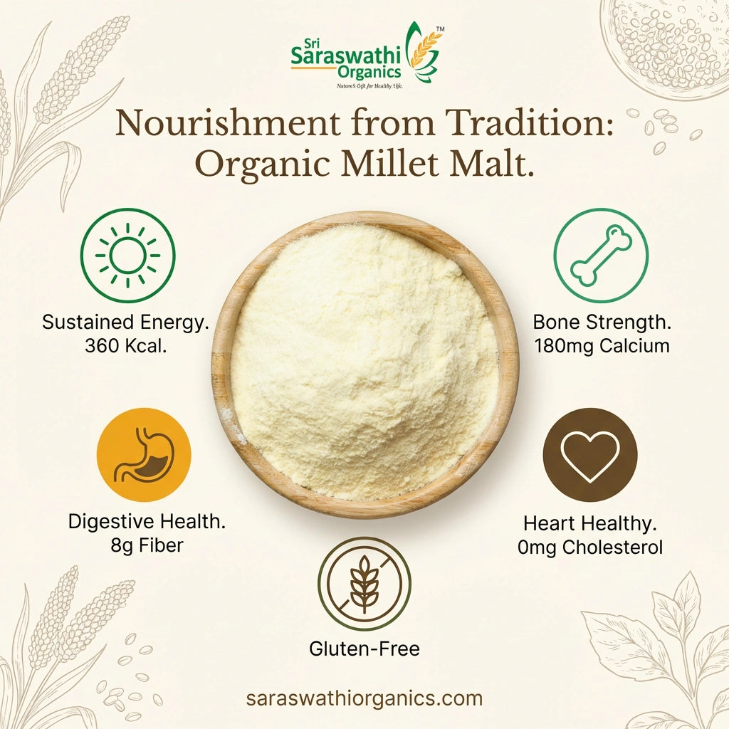 Saraswathi Organics Organic Millet Malt with health benefits on a light background