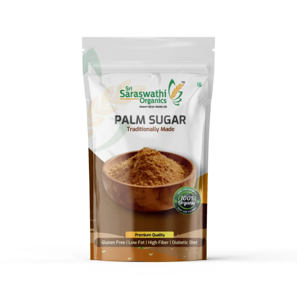 Packaging of Sri Saraswathi Organics palm sugar on a white background