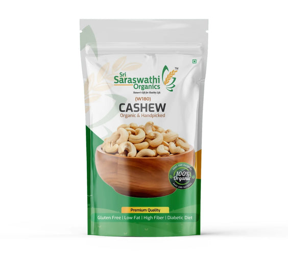Organic cashew nuts W180 sourced from premium cashews for everyday use - Sri Saraswathi Organics