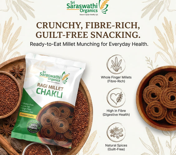 Sri Saraswathi Organics Ragi Millet Chakli packaging with ingredients and health benefits on a white background.