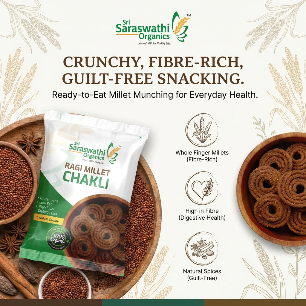 Sri Saraswathi Organics Ragi Millet Chakli packaging with ingredients and health benefits on a white background.