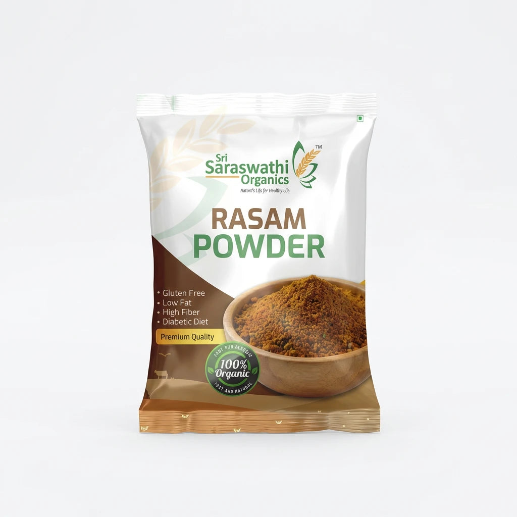 Organic rasam powder made from traditional spice blend for authentic South Indian rasam - Sri Saraswathi Organics